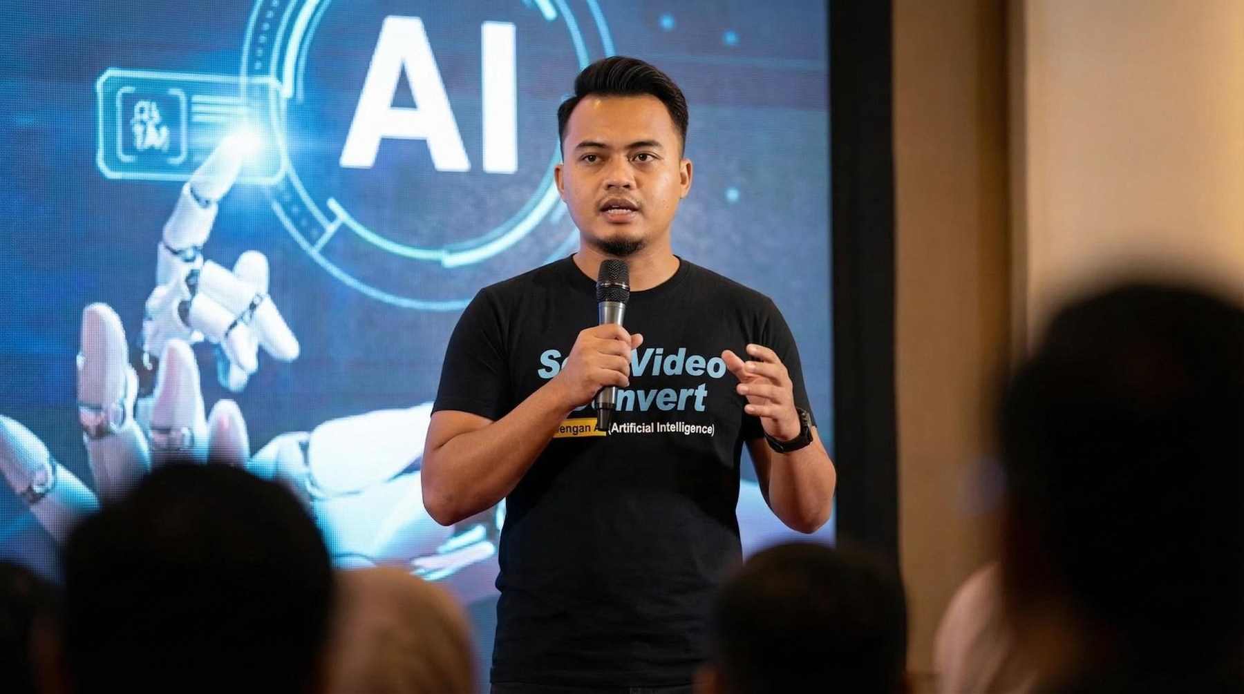 Coach Am memegang mikrofon dan mengajar peserta dalam kelas Seni Video Convert AI